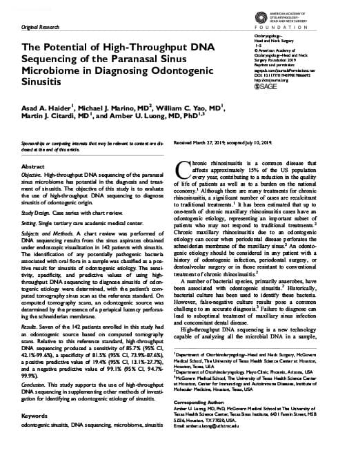 The Potential of High-Throughput DNA Sequencing of the Paranasal Sinus Microbiome in Diagnosing Odontogenic Sinusitis