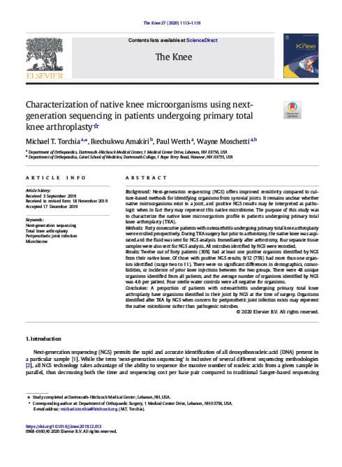 Characterization of native knee microorganisms using nextgeneration sequencing in patients undergoing primary total knee arthroplasty