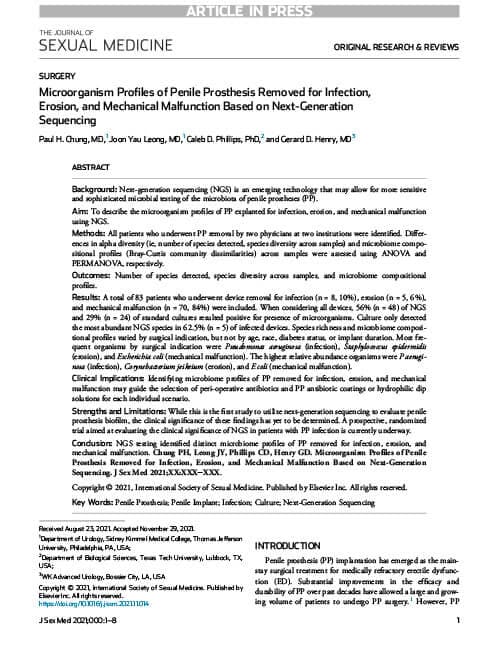 Microorganism Profiles of Penile Prosthesis Removed for Infection, Erosion, and Mechanical Malfunction Based on Next-Generation Sequencing